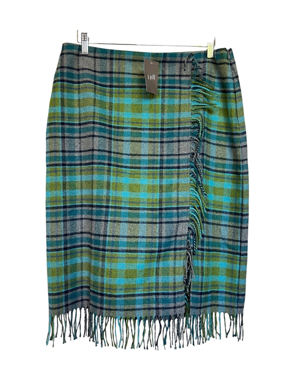 J.Jill NWT Size 12 Tartan Plaid Blue/Green Fringe Faux Wrap Wool Blend Skirt